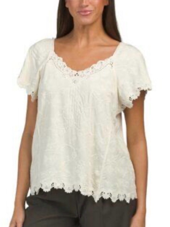 Democracy Tops - Democracy Cream Eyelet Lace Scoop Neck Flutter Sleeve Top